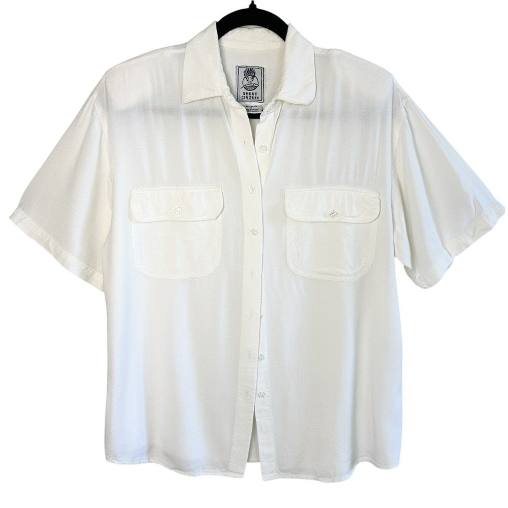 VTG Short Circuit White Rayon Button Up Shirt Women's Medium Soft Utility Safari